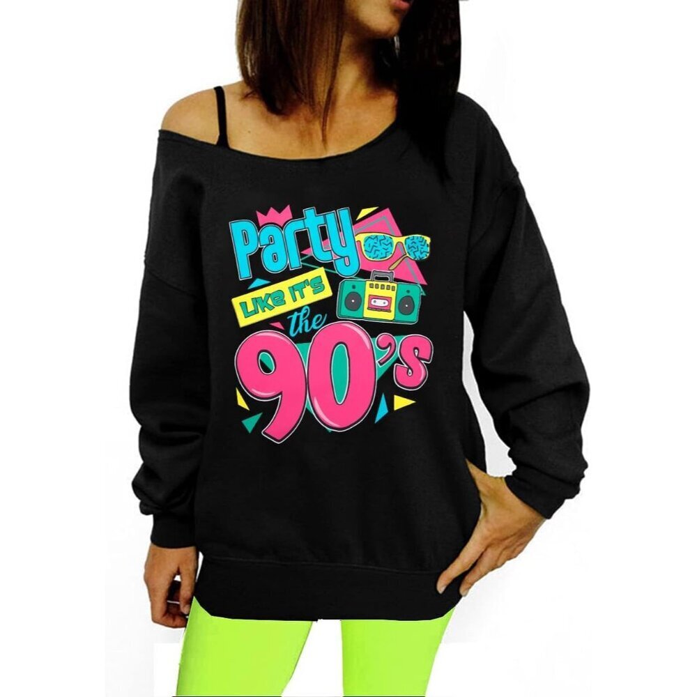 80s Women Off-Shoulder Sweatshirt Vintage Neon Retro Party Top